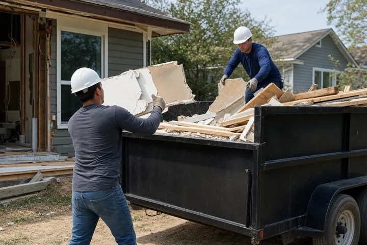Workers loading construction debris into a dump trailer