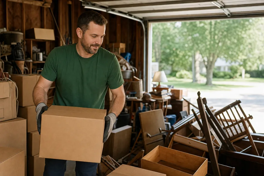 Worker carrying boxes during an estate cleanout