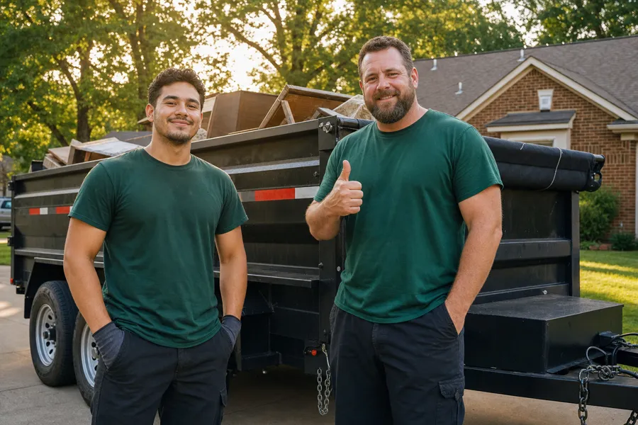 Friendly local junk removal crew standing by their dump trailer in an OKC driveway